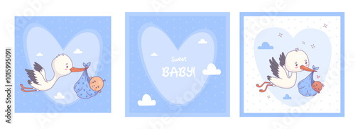 Cute flying stork with newborn baby boy. Funny square cards with cartoon bird kawaii character and arrival infant. Isolated Vector illustration. Kids collection