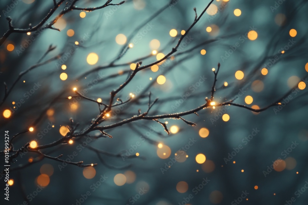 Fototapeta premium Winter Branch with Twinkling Lights and Bokeh