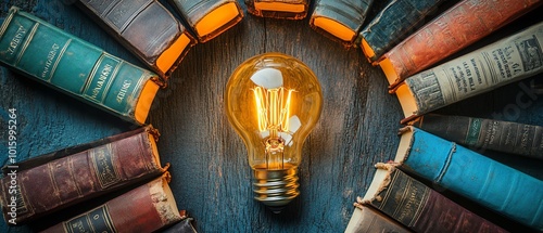 Books arranged in a circle around a luminous light bulb, representing the concept of ideas and knowledge, with a focus on education and inspiration photo