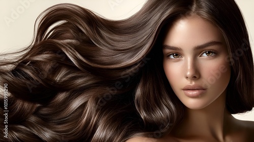 Create a premium hair dye packaging image featuring a woman with well-groomed, voluminous dark natural brown wavy hair.