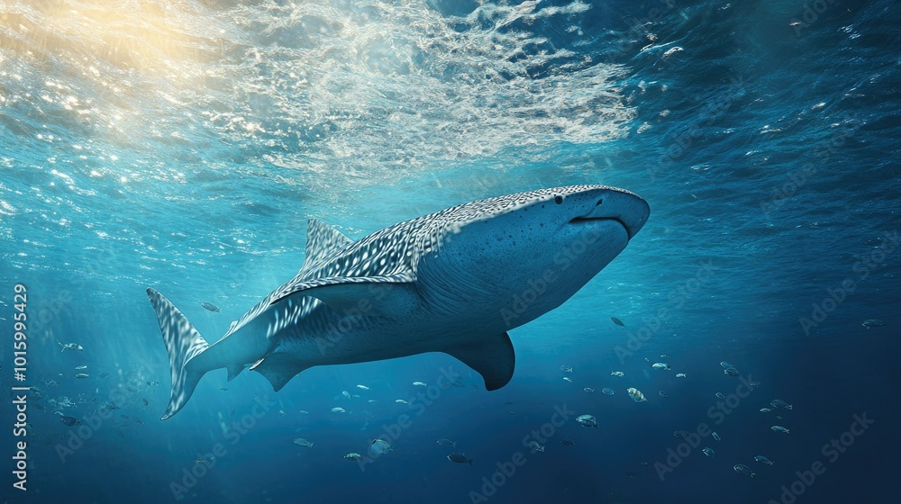 Obraz premium A giant whale shark swimming near the ocean surface. Copy space available in the clear blue water.
