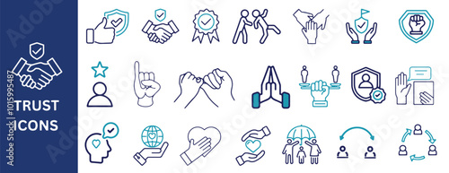 Trust Icon Set. Trust, promise, credibility, confidence, trustworthy, friends, truth, faith, honesty, icons. Vector illustration.