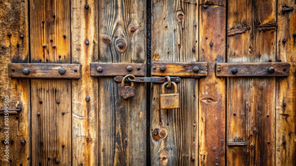 Old rustic doors with weathered wood and a padlock attached, aged, vintage, antique, entrance, security, protection, locked Old rustic doors with weathered wood and a padlock attached, aged, vintage, antique, entrance, security, protection, locked