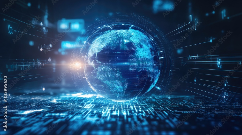 A globe surrounded by encryption symbols on a futuristic digital background. Copy space available. A globe surrounded by encryption symbols on a futuristic digital background. Copy space available.