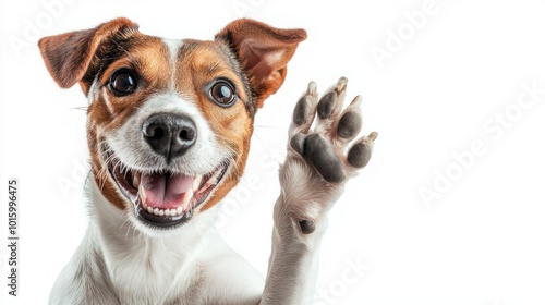 A happy dog with a big smile, waving its paw.