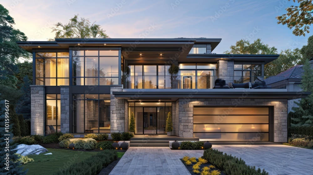 Fototapeta premium Modern Two-Story House with Stone Facade and Extensive Glass Windows