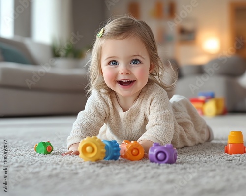 Fullbody view of a delighted 3yearold girl in a light beige outfit, playing on the carpet with various toys in the living room photo