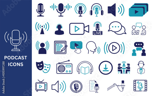 Podcast Icon Set. Podcast icon pack. Podcasting, recording, broadcasting, episode, and entertainment icons. Vector illustration.