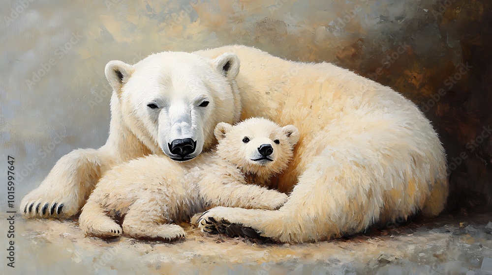 Mother Polar Bear Protecting her Cub in a Tender Embrace. Mother Polar Bear Protecting her Cub in a Tender Embrace.