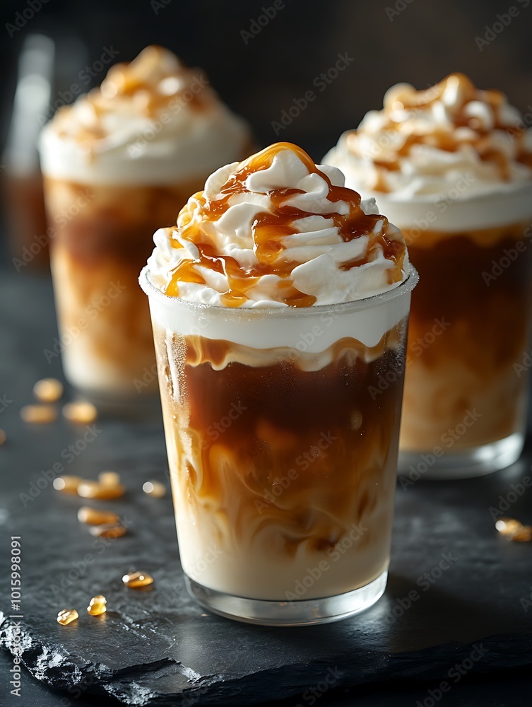 A frosty glass of iced coffee, with perfectly blended layers of cream and coffee, topped with whipped cream and a drizzle of caramel sauce, sitting on a dark slate surface