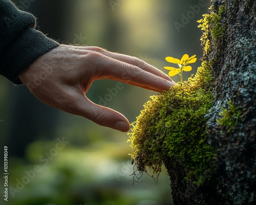 Hand softly interacting with mosscovered tree trunk, symbolizing a strong connection to nature and environmental awareness photo