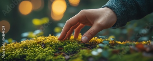 Hand tenderly touching the moss on a tree trunk, highlighting a sincere connection with nature and a focus on environmental care