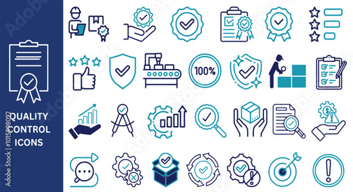 Quality Control Icon Set. Quality, inspection, evaluation, satisfaction, production, testing icons. Vector illustration.