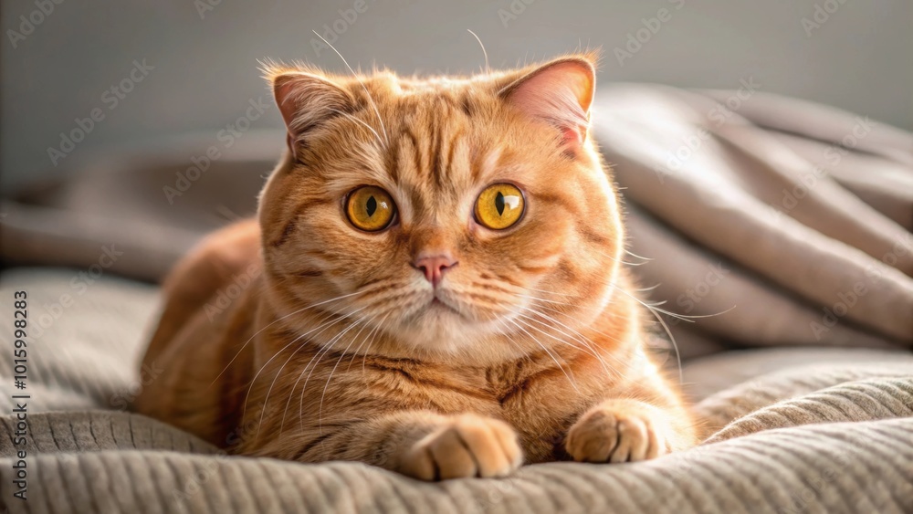 Red-haired Scottish fold cat with yellow eyes lounging on a cozy bed, Scottish fold, cat, red-haired, yellow eyes, bed Red-haired Scottish fold cat with yellow eyes lounging on a cozy bed, Scottish fold, cat, red-haired, yellow eyes, bed