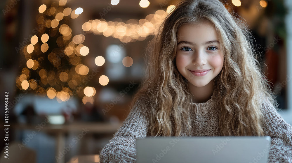 Photo of little smiling curly blonde girl sitting in front of laptop at table at home, blurred background with christmas tree, working on computer, online gift shopping, internet, new year, child Photo of little smiling curly blonde girl sitting in front of laptop at table at home, blurred background with christmas tree, working on computer, online gift shopping, internet, new year, child