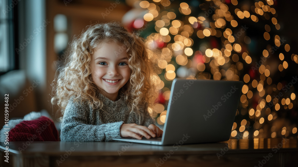 Photo of little smiling curly blonde girl sitting in front of laptop at table at home, blurred background with christmas tree, working on computer, online gift shopping, internet, new year, child Photo of little smiling curly blonde girl sitting in front of laptop at table at home, blurred background with christmas tree, working on computer, online gift shopping, internet, new year, child