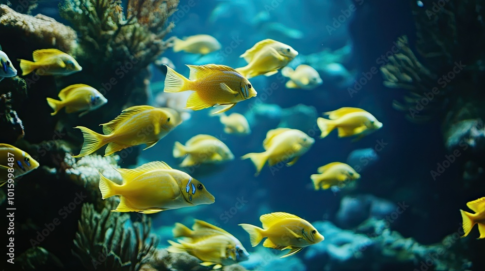 A school of bright yellow fish swimming through coral formations. Copy space in the deep water background. A school of bright yellow fish swimming through coral formations. Copy space in the deep water background.