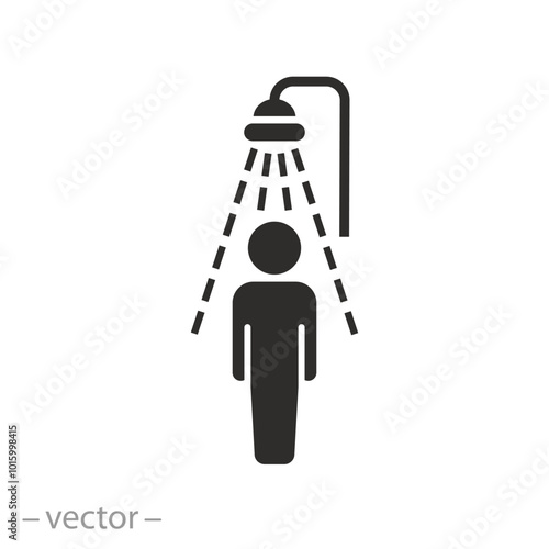 bath room, man in shower icon, bathing hot water, person with douche, flat vector illustration photo