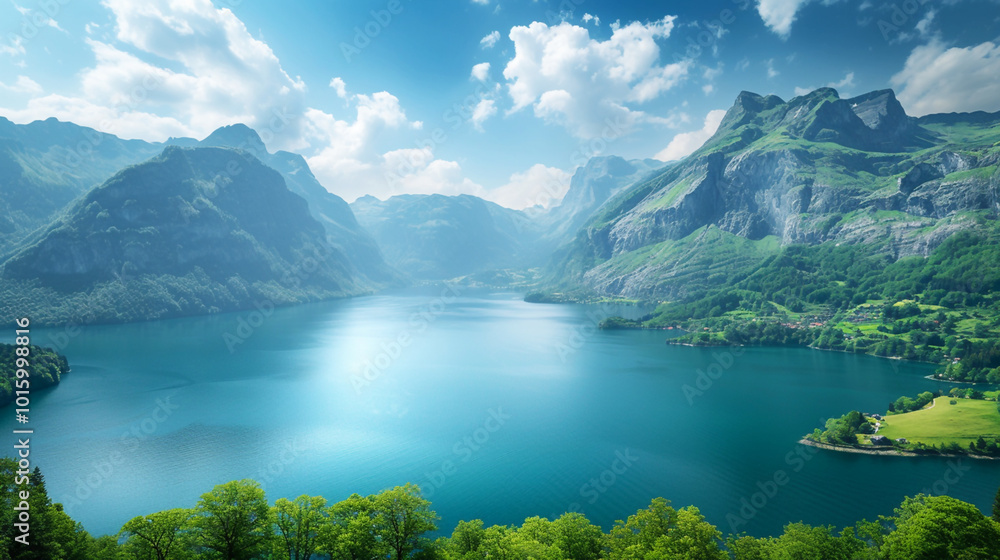Fototapeta premium Stunning mountain lake surrounded by lush green hills under a vibrant sky