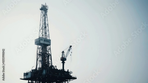 Silhouetted Oil Rig Platform with a Crane Against a Cloudy Sky