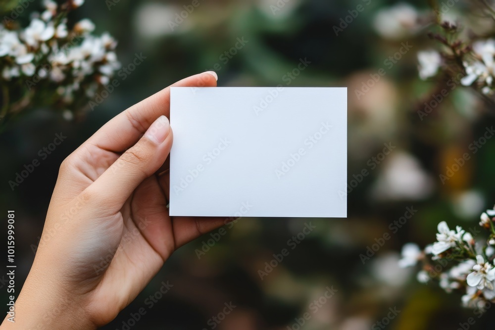 Hand Holding Blank White Card with Blurred Flowers Background Hand Holding Blank White Card with Blurred Flowers Background