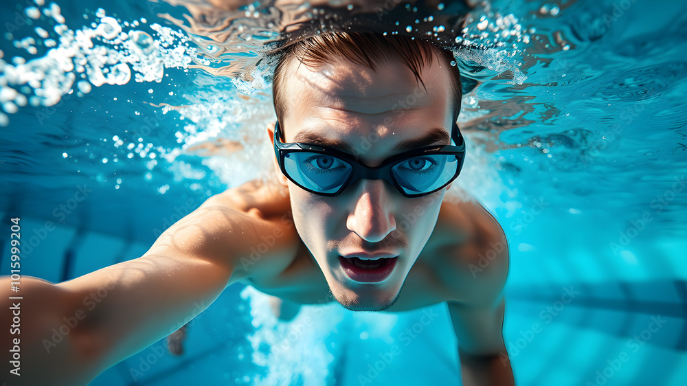 Naklejka premium Sportive photography of a handsome and very sporty young european male swimmer with professional swimming trunks and goggles while swimming in the pool, Generative AI