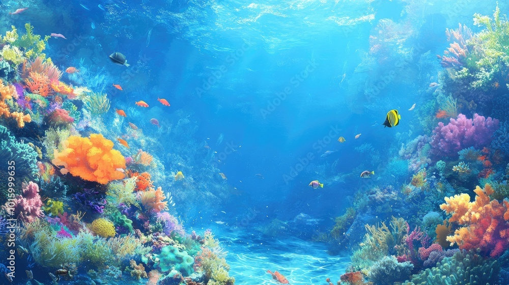 Naklejka premium A stunning coral reef scene with fish swimming by. Ample room for copy in the surrounding ocean.