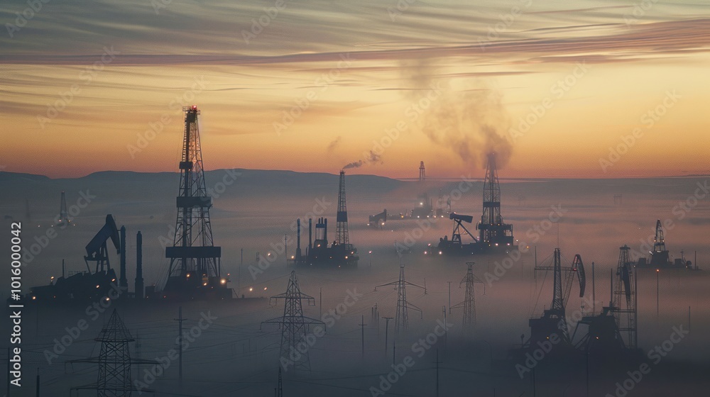 Silhouetted Oil Rigs Against a Misty Sunset Sky Silhouetted Oil Rigs Against a Misty Sunset Sky