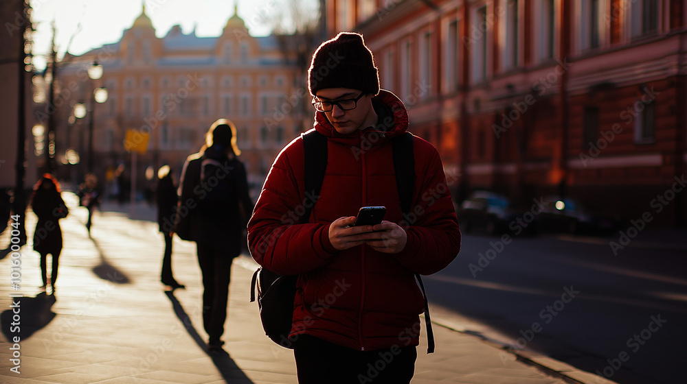 Focused young man using smartphone with headphones in winter urban setting Focused young man using smartphone with headphones in winter urban setting