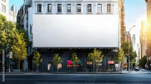 A Large Blank Billboard Hangs on a Building in a Bustling City Setting with Trees and Traffic