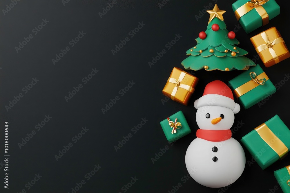 Festive Snowman and Christmas Tree on black Background, Merry Christmas tree and snowman, 3D render Christmas and New year concept. Greeting card, Xmas background. Festive Snowman and Christmas Tree on black Background, Merry Christmas tree and snowman, 3D render Christmas and New year concept. Greeting card, Xmas background.
