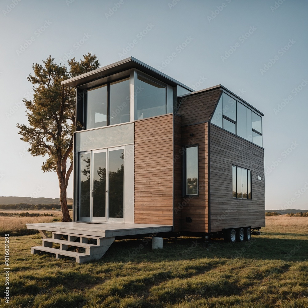 A minimalist tiny house with clean lines, a flat roof, and a compact, functional layout, shown on a clean white backdrop. A minimalist tiny house with clean lines, a flat roof, and a compact, functional layout, shown on a clean white backdrop.