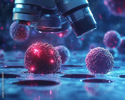 Microscope examining detailed cancer cells, symbolizing accurate diagnostics and targeted cancer treatment, clinical environment, highdefinition image photo