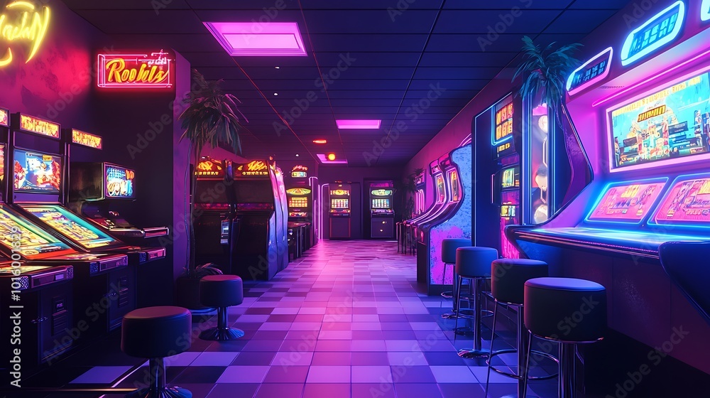 Retro Arcade Interior with Neon Lights and Slot Machines. Retro Arcade Interior with Neon Lights and Slot Machines.