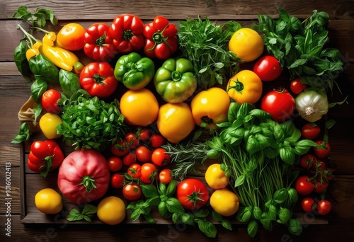 colorful vibrant ingredient flat lay arrangement stunning culinary presentation fresh vegetables, artful, appealing, asa, background, bloom, bright, browse