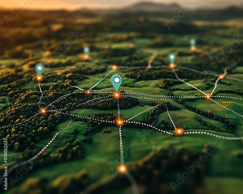Closeup of an aerial map showing land plots with location markers and connecting lines, symbolizing property mapping and management, highquality