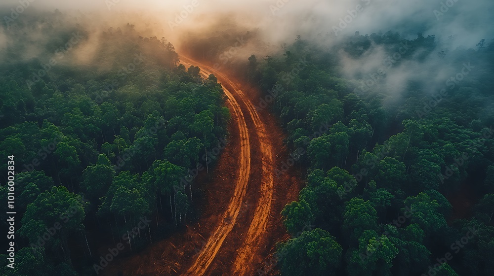 Fototapeta premium Aerial view of a winding dirt road through a dense forest, with mist and sunlight streaming through the trees.