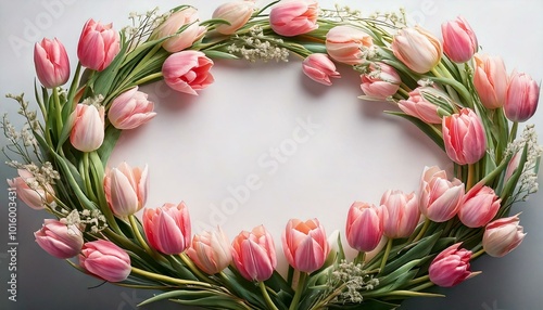 Wallpaper Mural Blush tulips and light gray-green stems forming a whimsical oval frame. Women's Day, Valentine's Day, Mother's Day background concept, empty floral background with copy space. Torontodigital.ca
