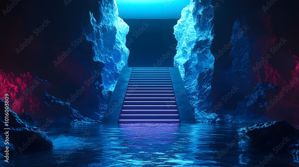 Dark abstract futuristic background. Scene with stairs up. Seabed, large abstract aquarium, sea waves. Blue neon light, concrete floor reflected in water. Dark abstract futuristic background. Scene with stairs up. Seabed, large abstract aquarium, sea waves. Blue neon light, concrete floor reflected in water.