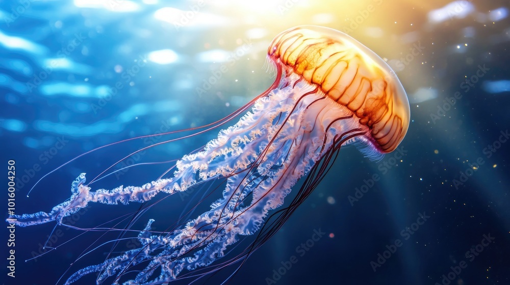 Jellyfish floating gracefully in the deep blue ocean, sunlight shining through. Copy space on the right.