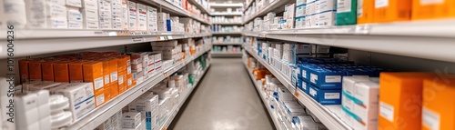 A narrow aisle lined with shelves filled with various brightly colored medication boxes and packaging. photo