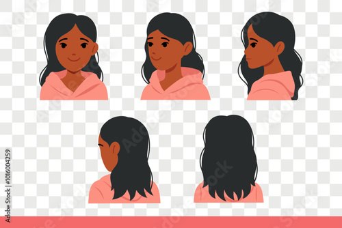 African American teenage girl in casual clothes, posing from different angles showing off new hairstyle. Beautiful ethnic girl, high school student, smiling, wanting to share good mood.