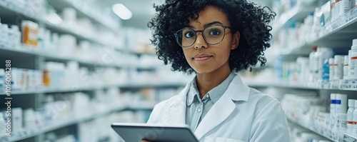 A pharmacist in a lab coat holds a tablet while standing in a well-stocked pharmacy aisle, surrounded by various medications. photo