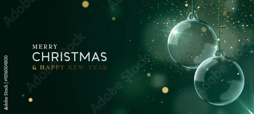 Merry Christmas and Happy New Year banner. Realistic 3d design Elegant Christmas glass ornaments hanging on ribbon, golden confetti on dark green background. Xmas two bauble balls. Vector illustration