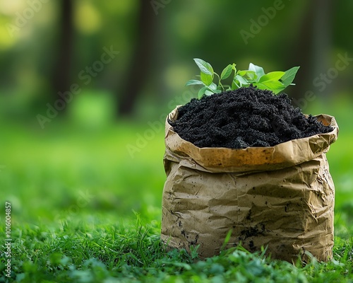 Large paper bag of biochar set on a grassy field, emphasizing ecofriendly packaging solutions and sustainable farming practices, highresolution and vivid photo