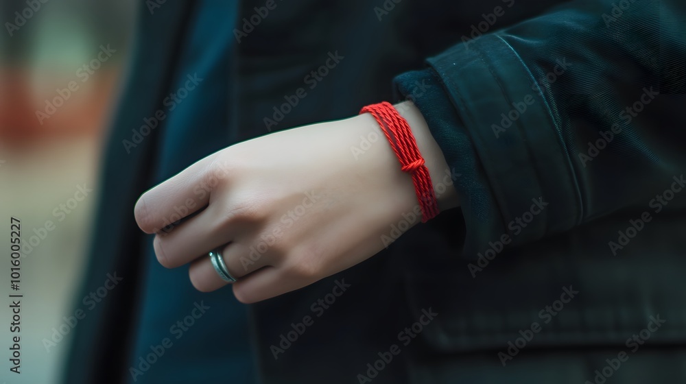 A person wearing a red string bracelet to ward off bad luck and attract good fortune A person wearing a red string bracelet to ward off bad luck and attract good fortune