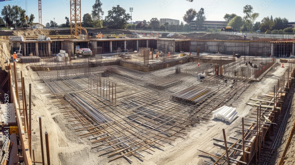 Construction Site with Rebar Grid and Concrete Forms Construction Site with Rebar Grid and Concrete Forms