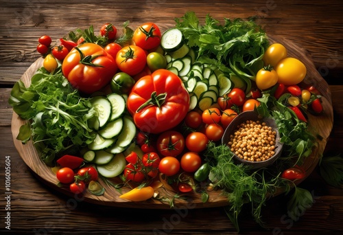 vibrant color explosion displaying fresh ingredients beautifully arranged presentation, tomato, cucumber, carrot, pepper, lettuce, radish, onion, herb