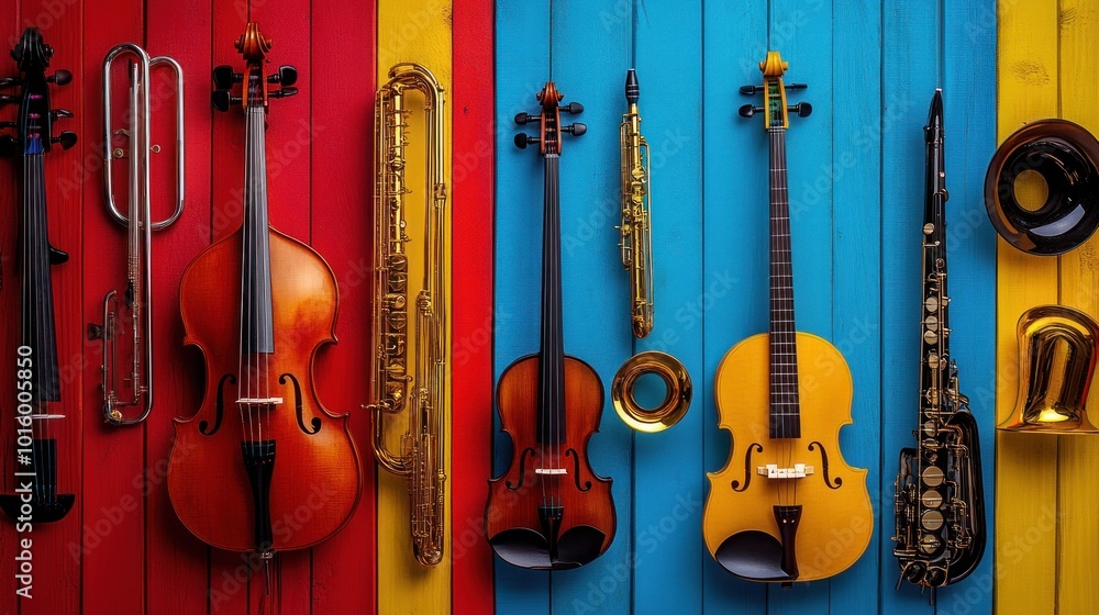 Naklejka premium Musical Instruments on Colorful Wooden Background