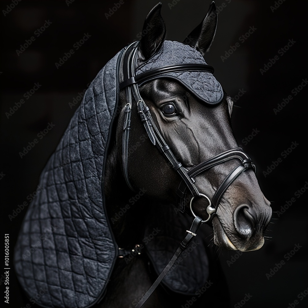 Obraz premium Black Horse Portrait with Bridle and Headstall